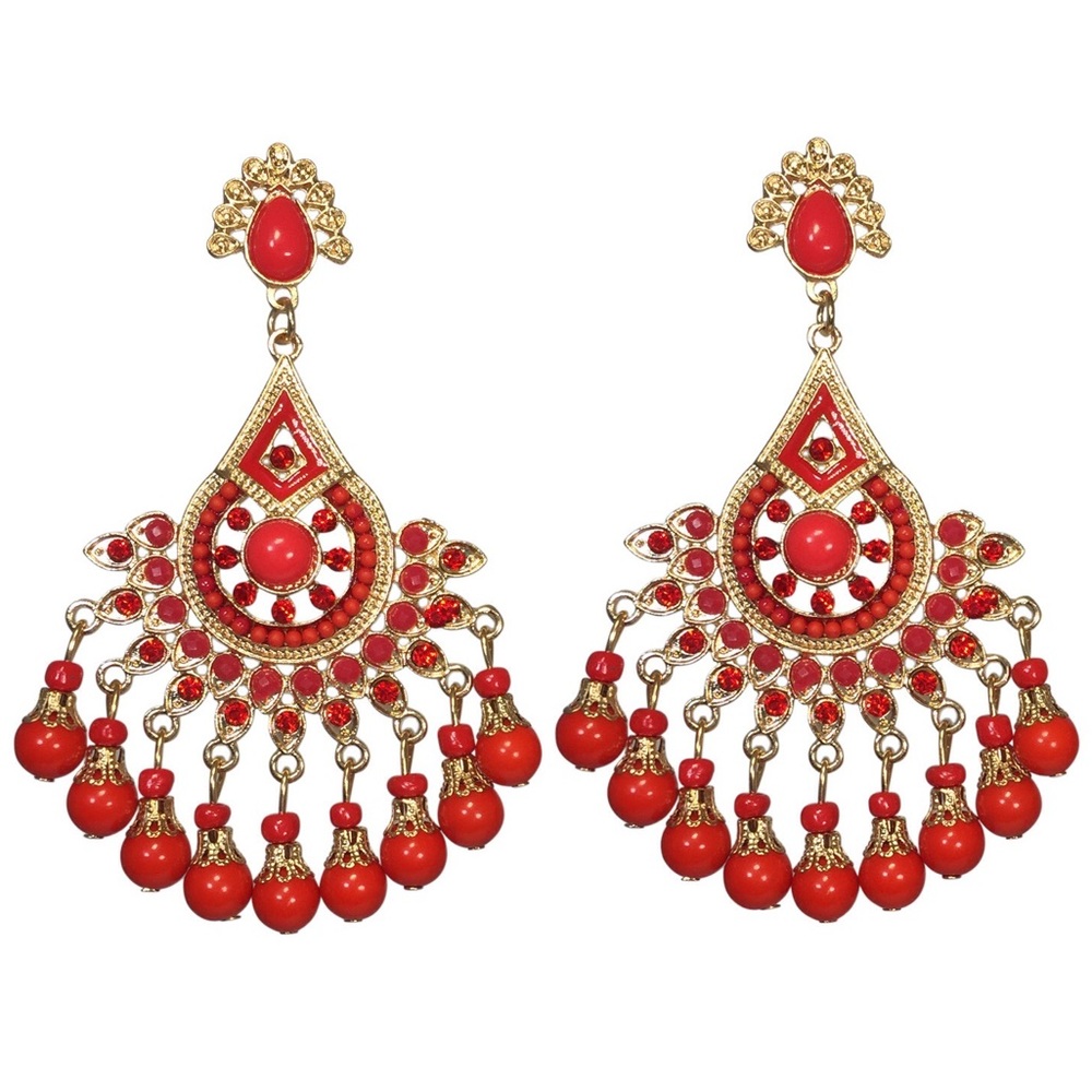 Large Red Bead Chandelier Statement Drop Earrings